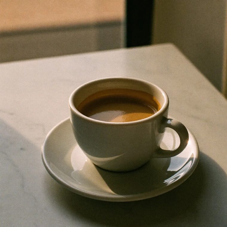 A flat white in a white cup on a marble table.